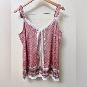 White House Black Market Red Geometric Satin Lace Trim Cami Tank Top